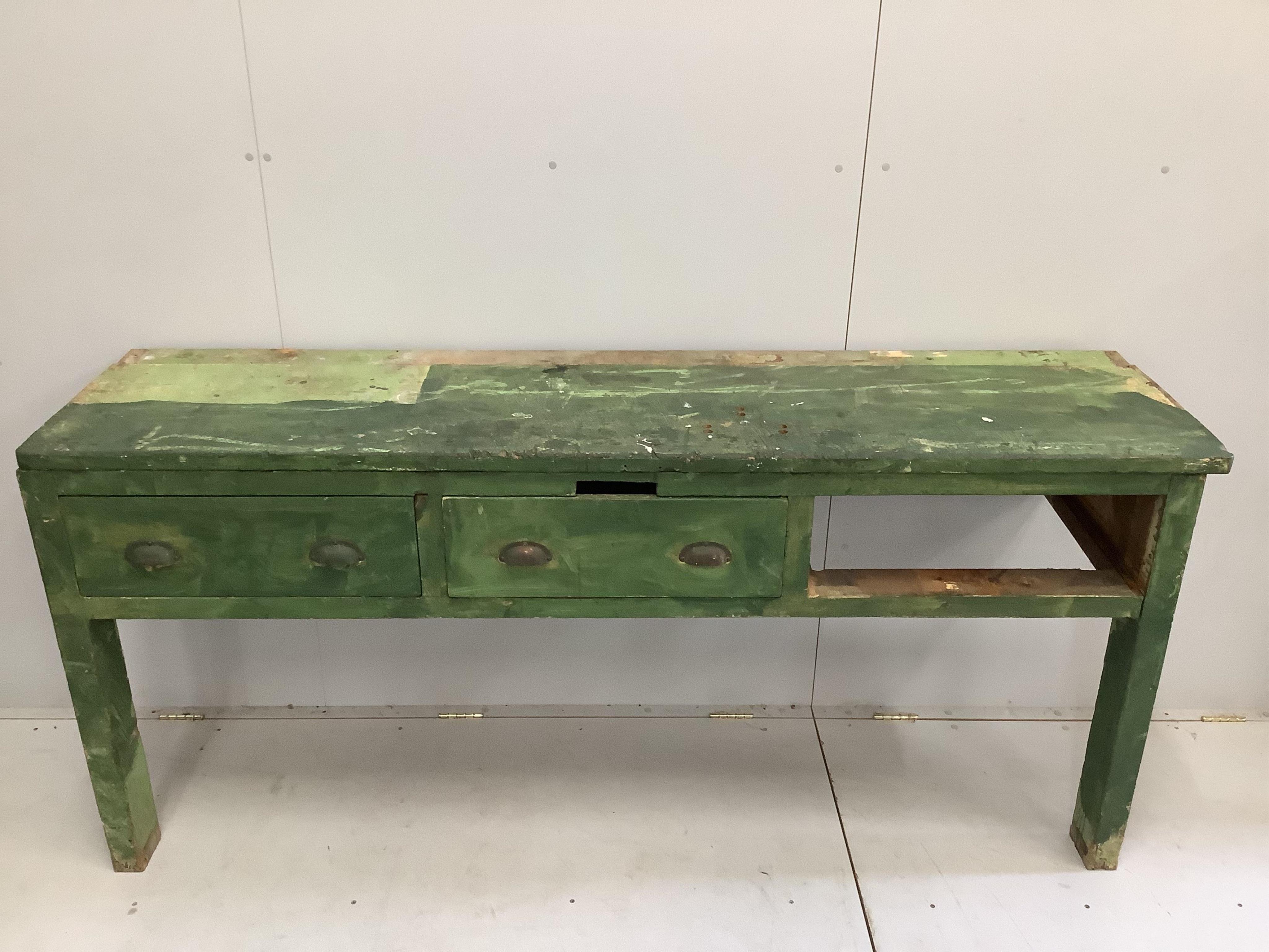 A Victorian green painted pine dresser base, width 209cm, height 96cm. Condition - poor, one drawer missing